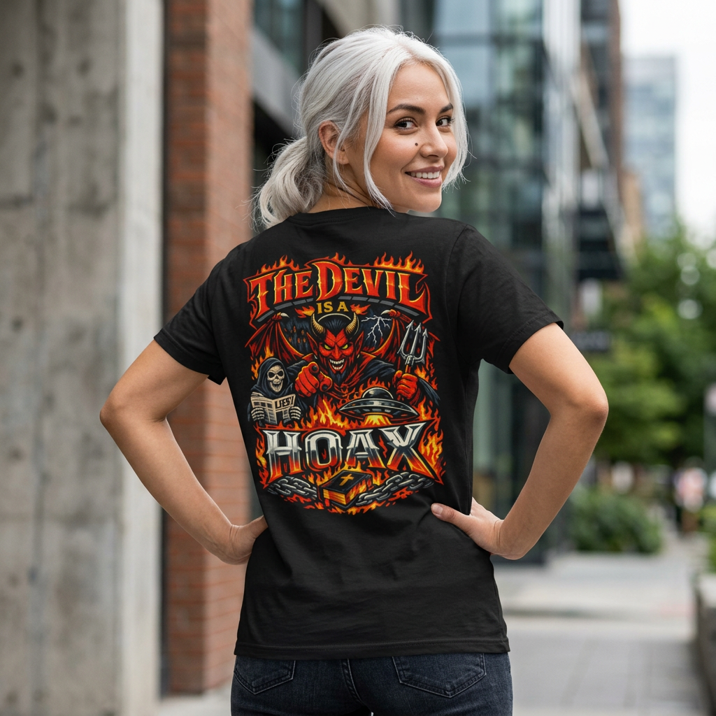 THE DEVIL IS A HOAX - Text Only T-Shirt — Funny Retro Graphic Tee